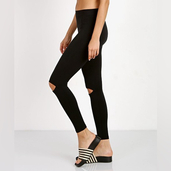 Joah Brown Cut Loose Leggings High Waisted Cut-Out Knees Sueded Onyx Black - Picture 2 of 9